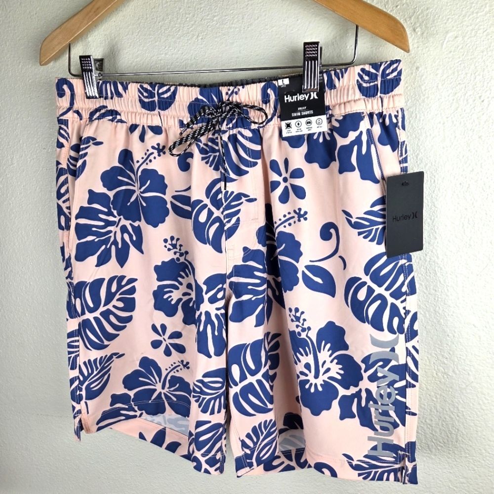 Hurley NWT Men's Floral Print Swim Water Shorts - Pink and Blue Size Large